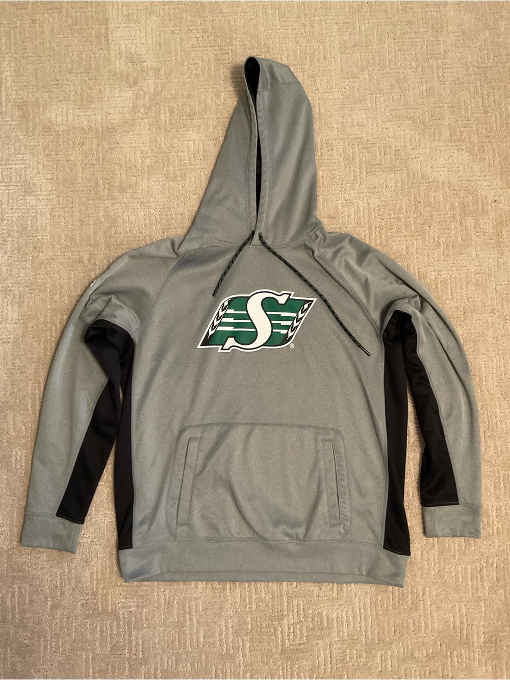 Saskatchewan Roughriders Gray Black Pullover Hoodie CFL Logo Sweatshirt L EUC